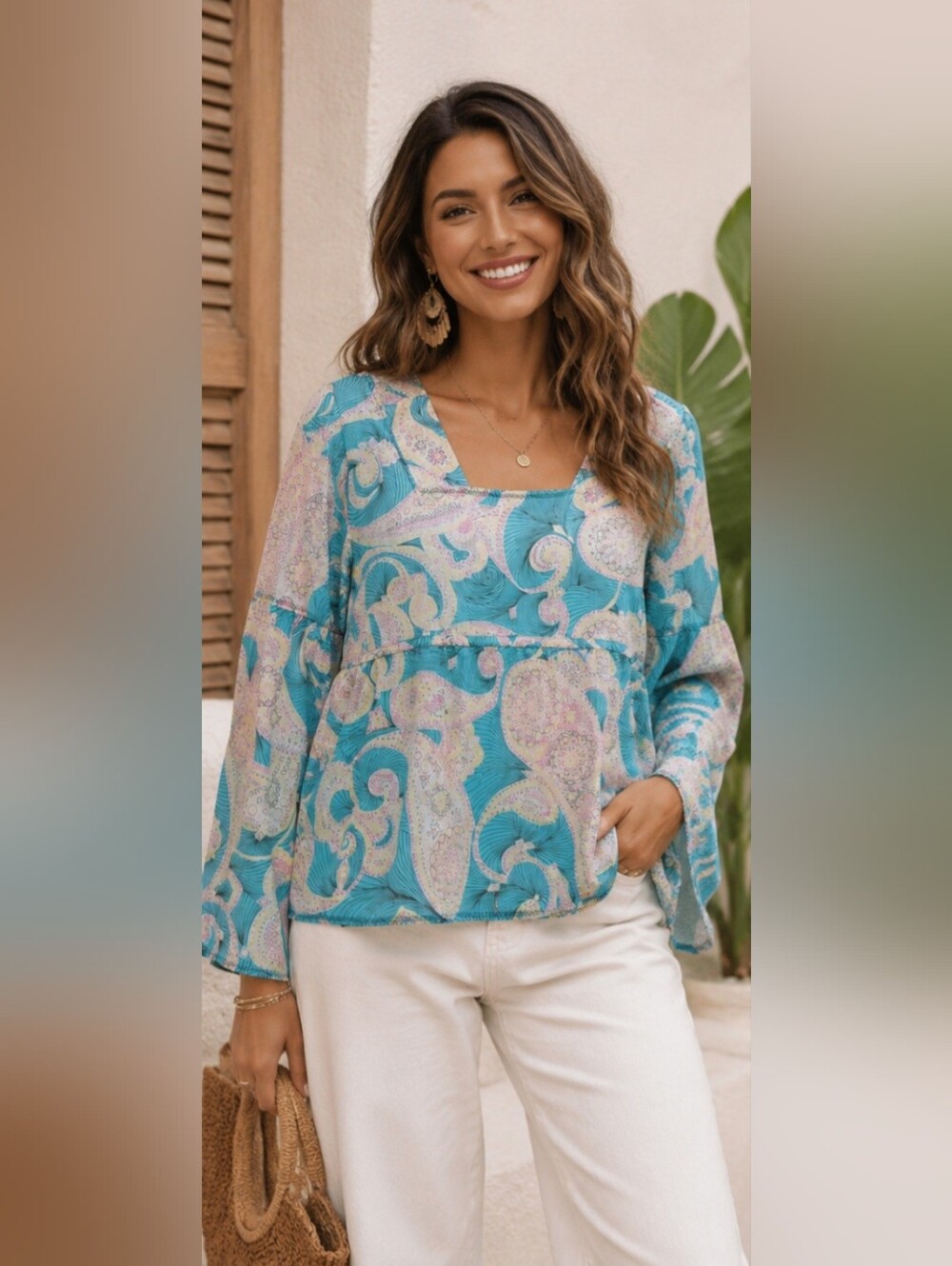 i.e. Relaxed Size XL 100% Cotton Geometric Paisley Bell Sleeve Blouse
